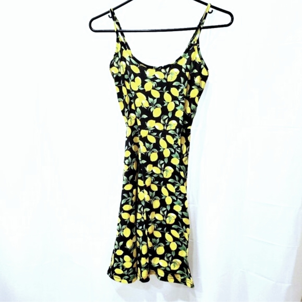 Lemon Print Fit-and-Flare Black and Yellow Dress